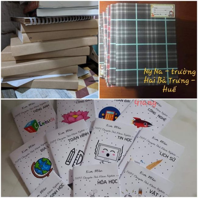 Huỳnh Thị Phương Thảo tự bọc sách bằng giấy, thiết kế cho những cuốn sách của mình. Ảnh: NVCC