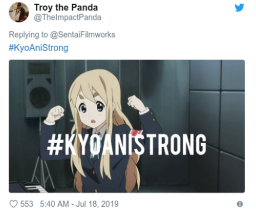 Thông điệp "KyoAni mạnh mẽ lên" được một fan chia sẻ. Ảnh: Twitter