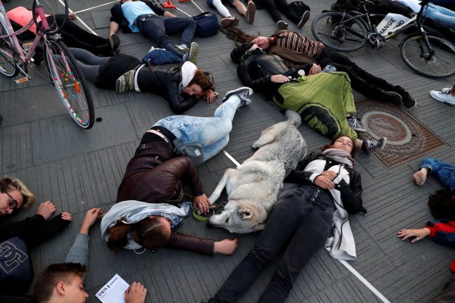 Một chú chó "diễn sâu" cùng chủ khi tham gia màn giả chết tập thể trong cuộc biểu tình tại Budapest, Hungary - Ảnh: REUTERS