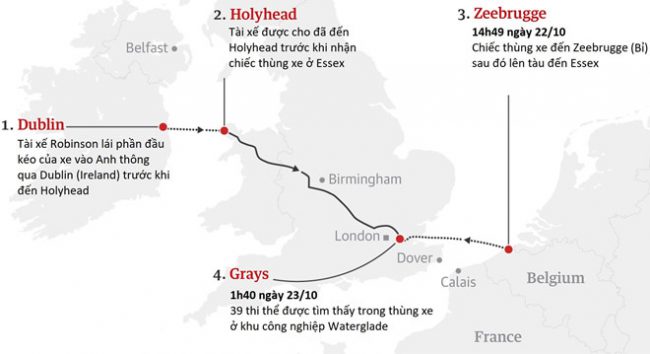 Hành trình chết chóc của xe tải chở người di cư từ Bỉ vào Anh. Đồ họa: Guardian.
