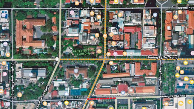 Bản đồ Google Tứ giác vàng, nằm giữa các đường Nguyễn Du, Đồng Khởi, Lê Thánh Tôn và Nguyễn Trung Trực