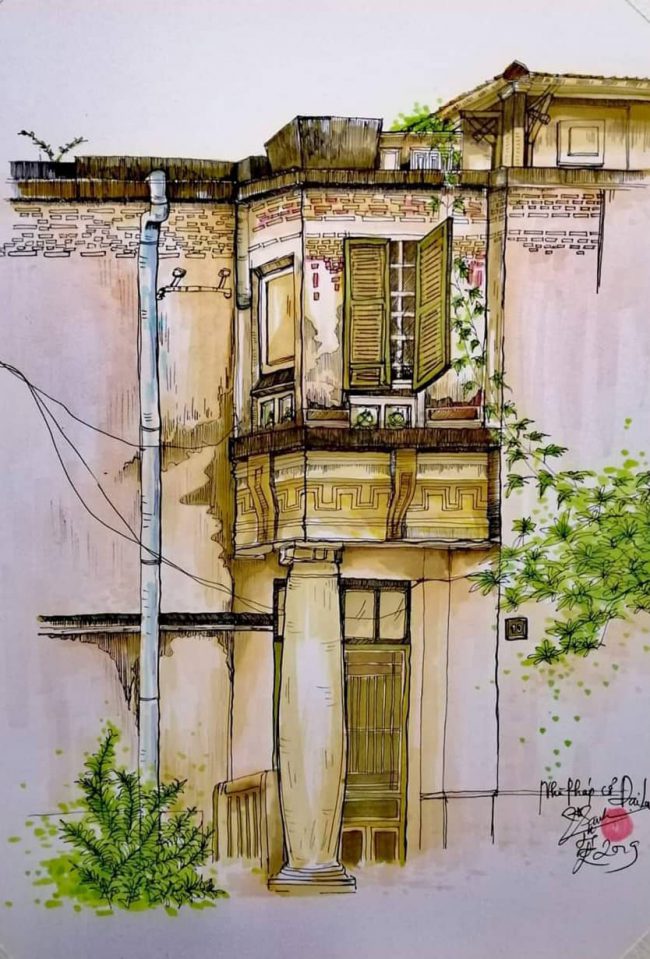 Căn biệt thự dù đã hơn 100 tuổi nhưng vẫn còn lưu giữ được nhiều nét đẹp của thời kỳ phát triển rực rỡ của kiến trúc Pháp ở Việt Nam - ký họa của Lương Vũ Lan Anh