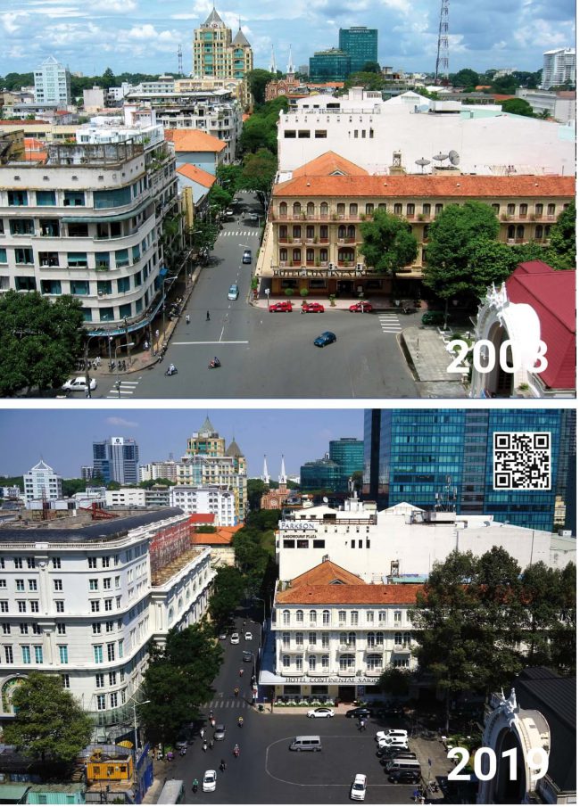 Không gian di sản với các công trình kiến trúc có sự thay đổi. Góc bên phải là Khách sạn Continental - một khách sạn lịch sử nổi tiếng xây vào năm 1878, đã khoác "áo mới"; Trong khi đó khu Eden (bên trái) với tiệm cà phê Givral đã trở thành trung tâm thương mại kiến trúc cách tân.