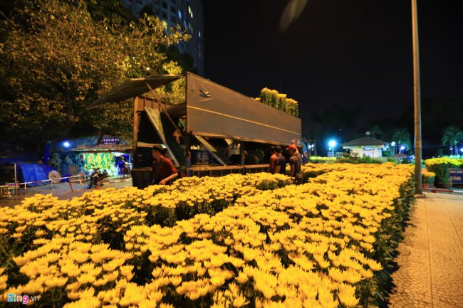 Tương tự, chợ hoa ở Công viên Gia Định nhộn nhịp không kém. Dù hơn 1h sáng, vẫn còn hàng chục chiếc xe tải chở hoa đang xuống hàng.