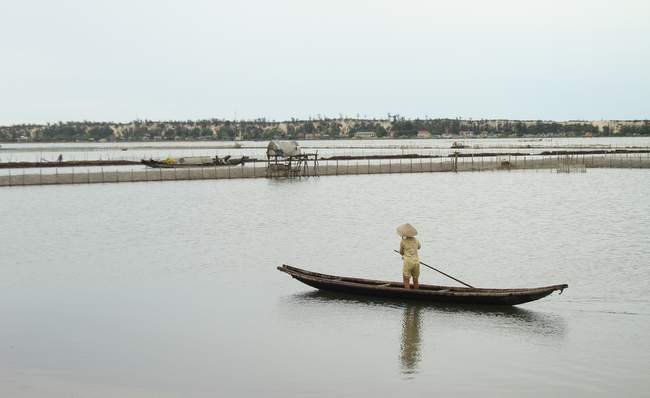 Thăm Lưới - Phá Tam Giang Một người dân đang chống sào chèo thuyền đi thăm lưới.