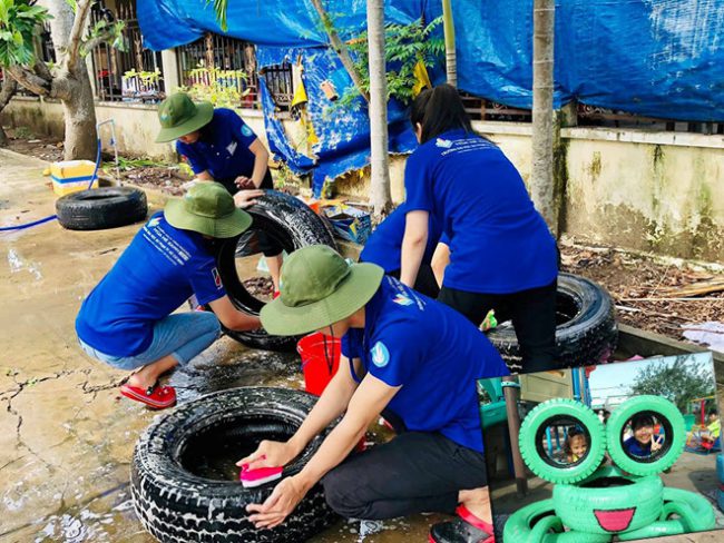 Sinh viên Trường ĐH Sư phạm TP.HCM tái chế lốp xe tải thành các mô hình sân chơi cho thiếu nhi . Ảnh: Yến Phượng