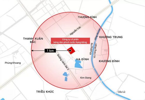 Vùng ảnh hưởng trong bán kính 1 km quanh đám cháy. Đồ họa: Việt Chung.