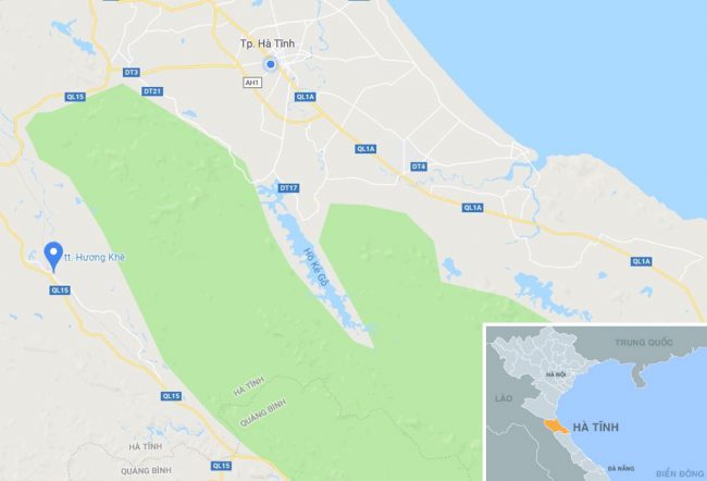 Thị trấn Hương Khê (huyện Hương Khê, Hà Tĩnh, chấm xanh). Ảnh: Google Maps.