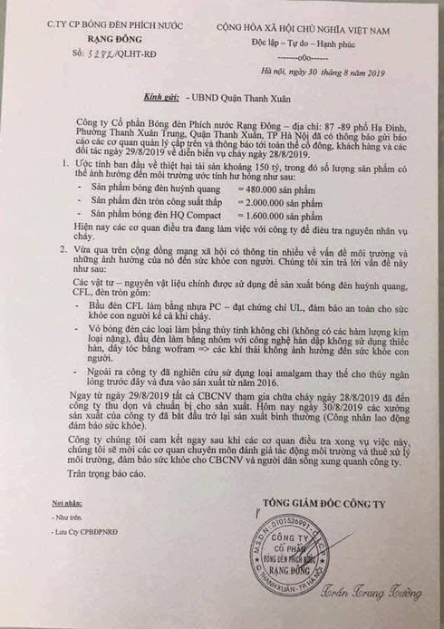 Văn bản của công ty Rạng Đông gửi UBND quận Thanh Xuân