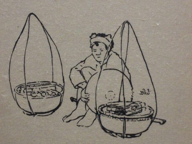 Một gánh quà vặt. Không rõ người sinh viên trường Mỹ thuật Đông Dương ký tên “Đẩu” khi ấy, sau này có tiếp tục sự nghiệp hội họa.