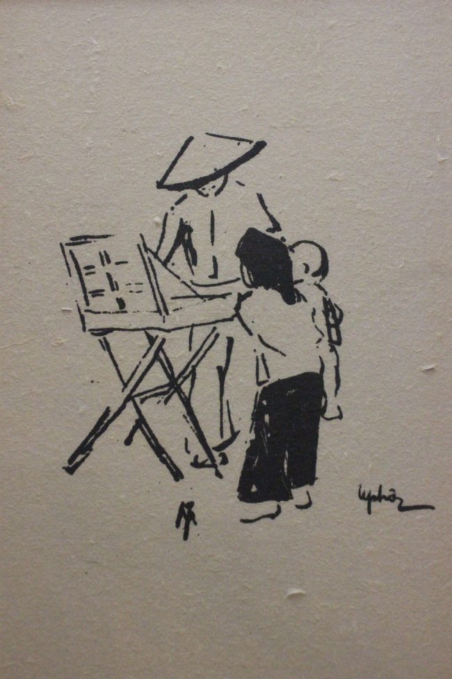 Ký họa của Lê Phổ khi còn là sinh viên trường Cao đẳng Mỹ thuật Đông Dương. Không rõ còn ai biết gánh hàng rong này bán món hàng gì.