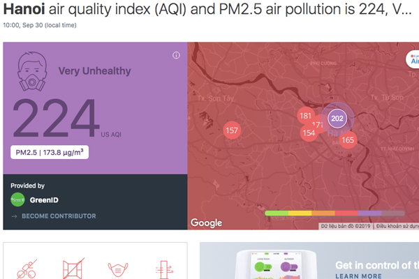 Chỉ số AQI tại Hà Nội lúc 10h sáng nay. Nguồn: Airvisual
