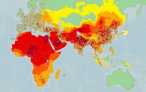 Bản đồ toàn cầu đo bụi mịn PM2.5, kết hợp dữ liệu đo năm 2018 và dữ liệu mẫu năm 2016. Bấm vào hình để xem ảnh to. Ảnh: WHO.