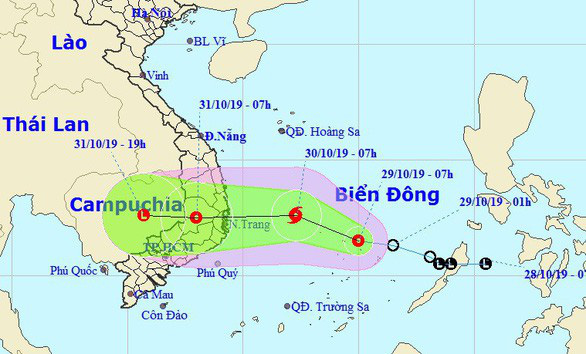 Sơ đồ dự báo hướng đi áp thấp nhiệt đới sáng 29-10 - Ảnh: Trung tâm Dự báo khí tượng thủy văn quốc gia