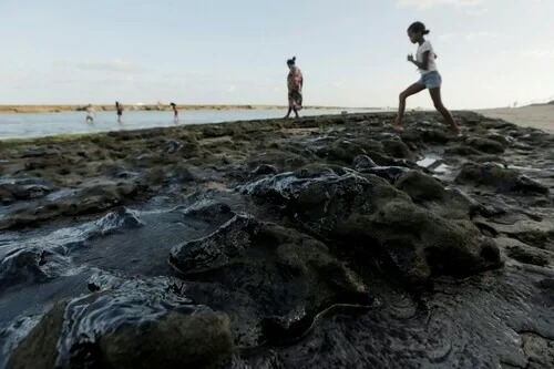 Váng dầu trên bờ biển Pontal do Coruripe ở bang Alagoas, Brazil ngày 8/10. Ảnh: Reuters.