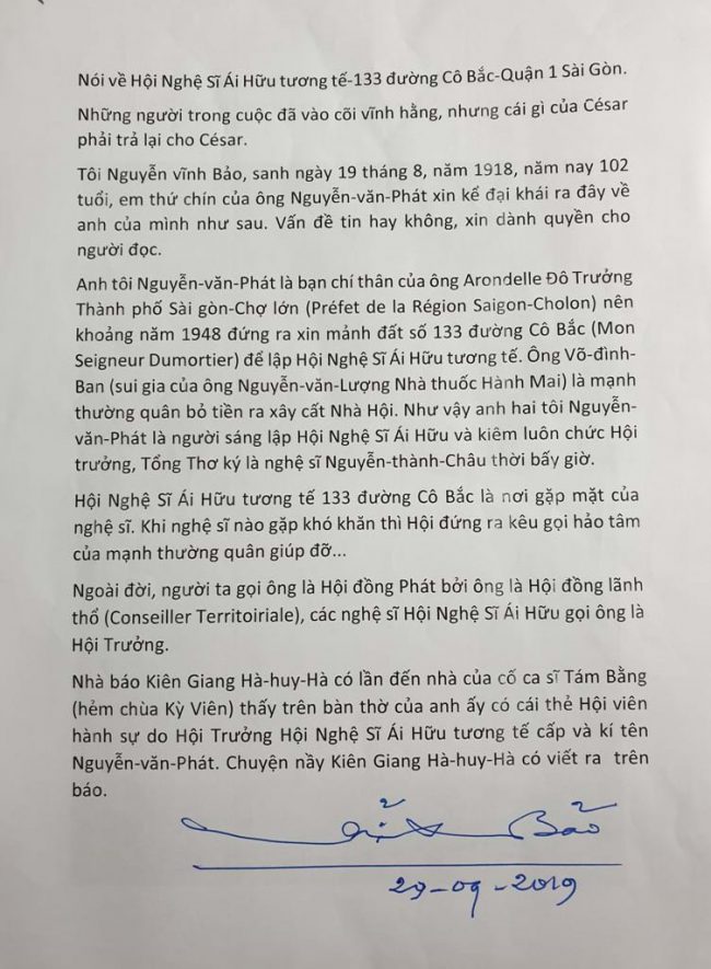 Bức thư có chữ ký của nhạc sư Vĩnh Bảo.