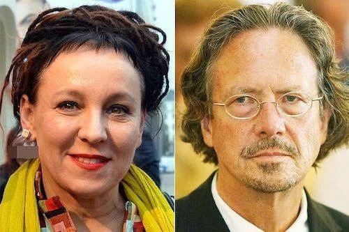 Nhà văn Ba Lan Olga Tokarczuk (trái) và Peter Handke - tiểu thuyết gia người Áo. Ảnh: Straight Times.