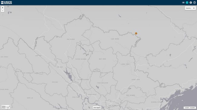 Vị trí trận động đất theo quan trắc của Cục Khảo sát Địa chất Mỹ. Ảnh: USGS.