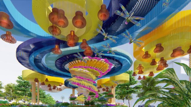 Tiểu cảnh Bức tranh mùa xuân được lấy ý tưởng từ hiện tượng biến đổi khí hậu toàn cầu, sự vận động như những dòng lốc xoáy cuộn trào của thiên nhiên. Tạo hình mái được thiết kế thành dải xoáy - biểu trưng cho sự đa dạng của môi trường, kết hợp với các dải hoa dưới mặt đất và khối hình đài nước - thể hiện sự giao thoa giữa thiên nhiên đất trời.