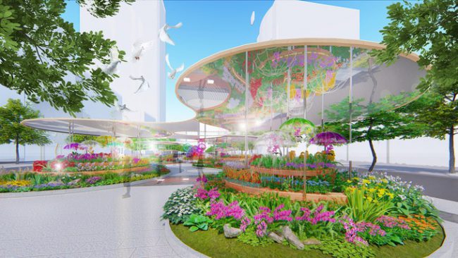 Đại cảnh Vườn Lan Xuân được thiết kế với một hiệu ứng mới nhờ vào mái aluminium gương, tạo sự tương phản hình ảnh với giàn lan tầng cao, tầng thấp bên dưới.