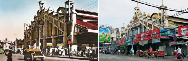 Chợ Tân Định xưa (trái) và nay. Ảnh tư liệu do Historic Việt Nam, Tim Doling sưu tập.