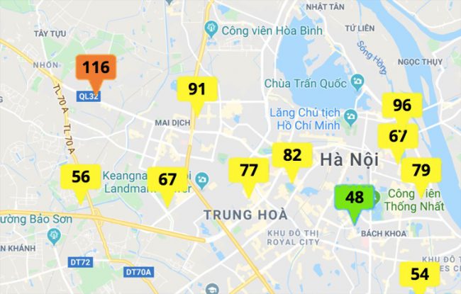 Kết quả quan trắc chất lượng không khí của Cổng thông tin quan trắc môi trường Hà Nội lúc 12h ngày 25/12.