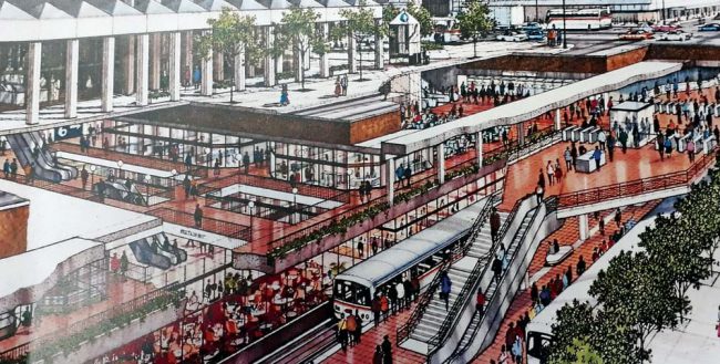 Phác họa một đường phố thương mại có đường tàu metro bên dưới (brochure ban tổ chức cuộc thi).