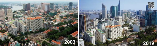 Sự thay đổi ngỡ ngàng của trung tâm TP.HCM sau 17 năm, đó là việc nhà cao tầng dần chiếm lĩnh không gian. Ảnh tư liệu của TS. Michael Waibel – nhà địa lý học, chuyên gia lĩnh vực Quy hoạch đô thị (Trường Đại học Hamburg – Đức)