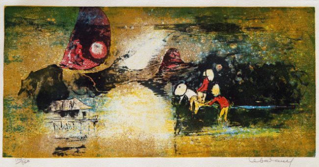 Tác phẩm “Quê nhà” (in đồ họa, 38cm x 75,5cm), bản in đánh số 114/260, tên tác phẩm này do nhà đấu giá Lý Thị tạm đặt