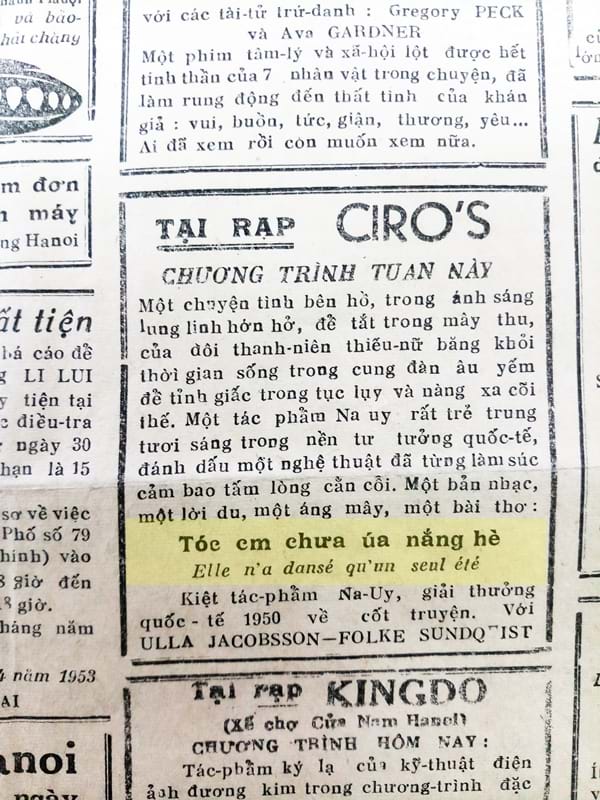 Quảng cáo phim “Tóc em chưa úa nắng hè” tại rạp Ciro’s (Hà Nội). Báo Tia Sáng 1.5.1954. Ảnh: TL